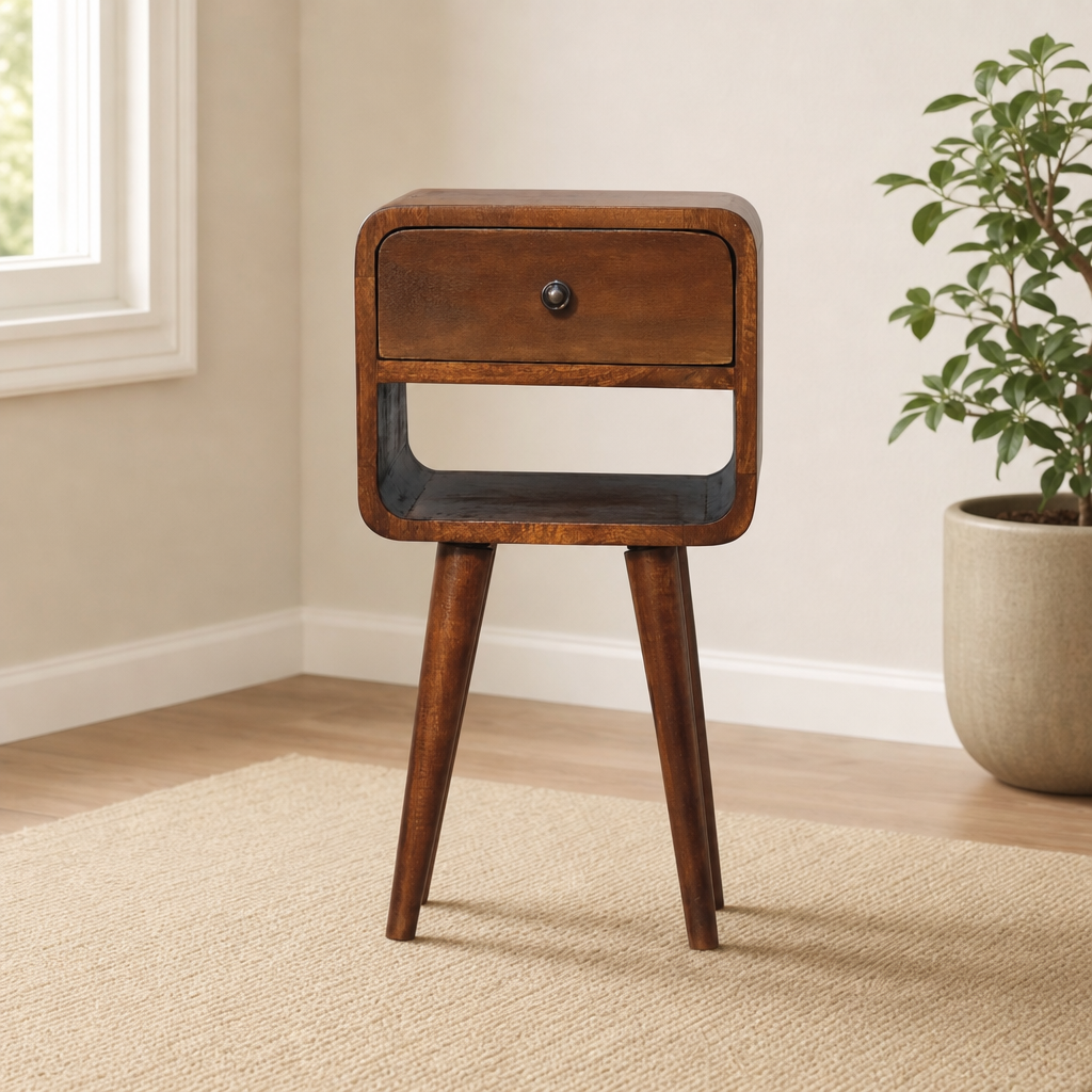 Mini Chestnut Curve Nightstand with Drawer and Open Shelf centered in a warm neutral furnished room
