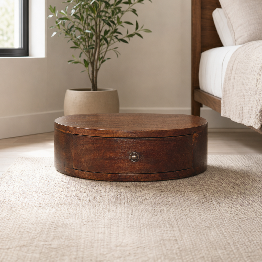 Floating Nightstand with Drawer, Solid Mango Wood, Chestnut Finish centered in a warm neutral furnished room