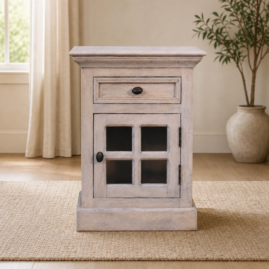 Nightstand with Glazed Door and Cupboard Storage centered in a warm neutral furnished room