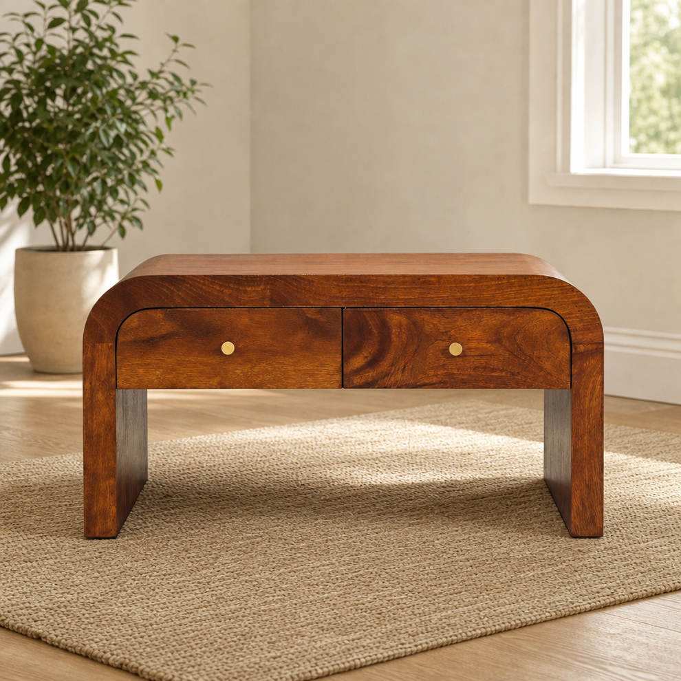 Coffee Table with Four Drawers, Chestnut centered in a warm neutral furnished room