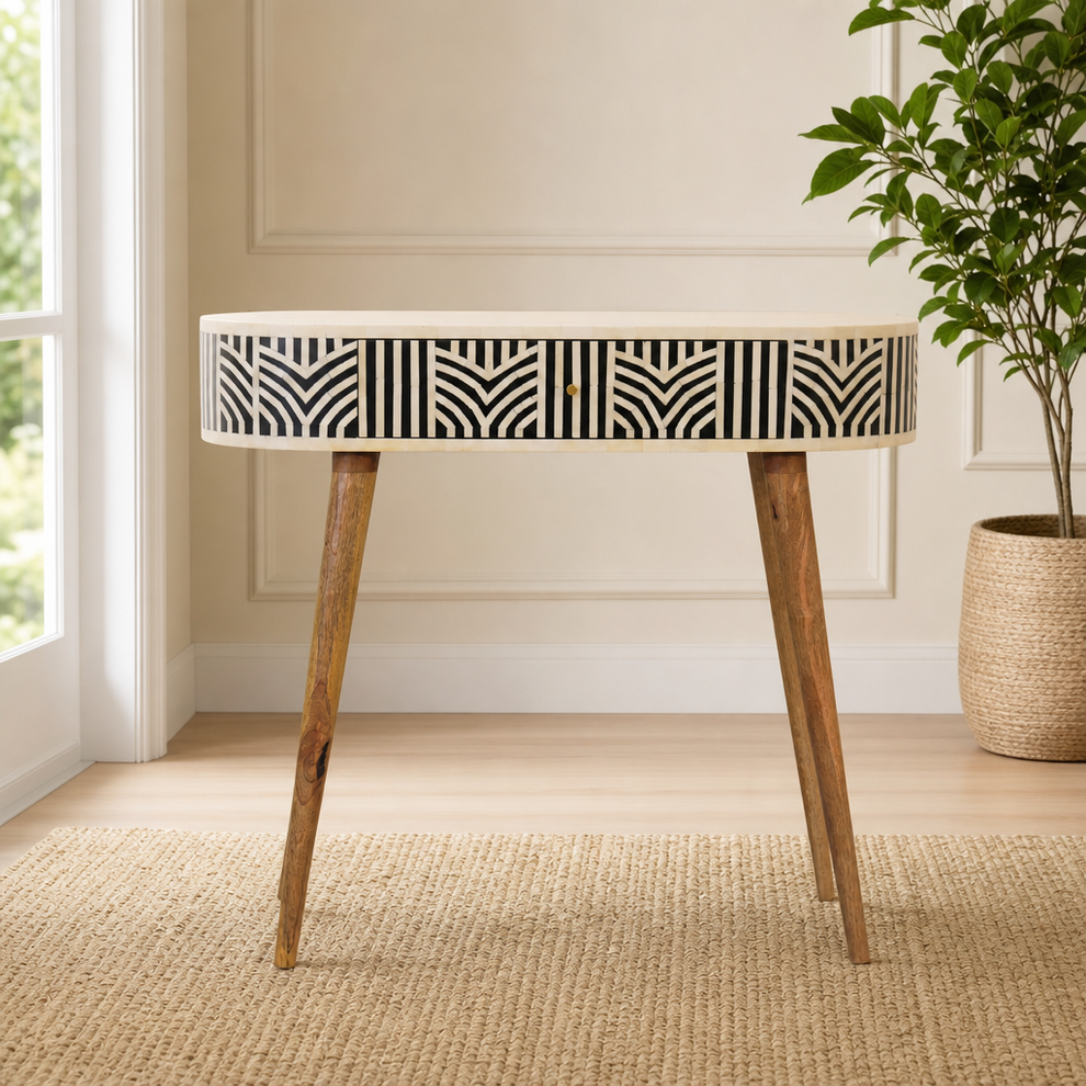 Console Table with Bone Inlay Drawer, Solid Mango Wood centered in a warm neutral furnished room