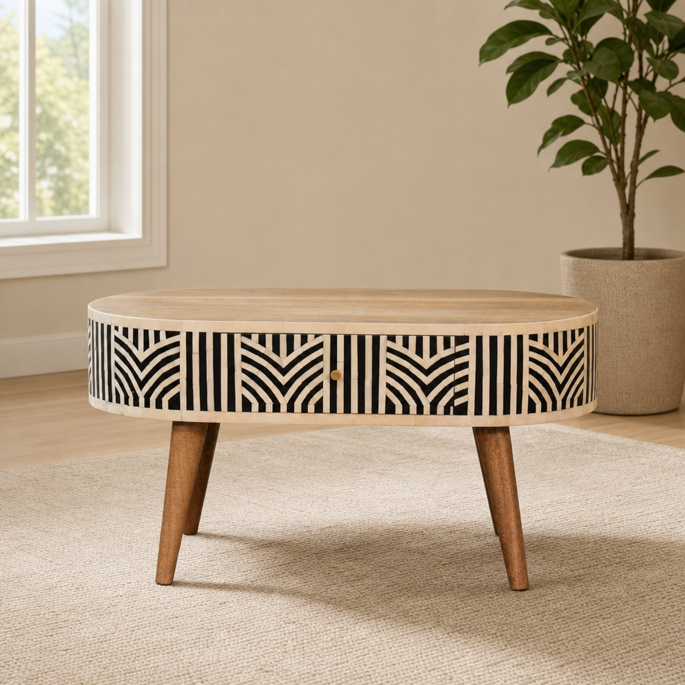 Coffee Table with Bone Inlay Drawer and Nordic-Style Legs centered in a warm neutral furnished room