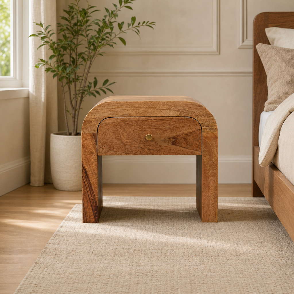 Disc Nightstand with Drawer, Solid Mango Wood centered in a warm neutral furnished room