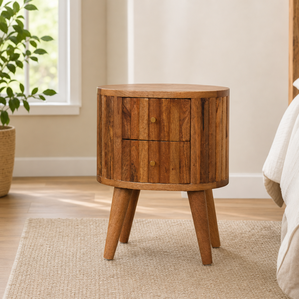 Stripe Nightstand, Solid Mango Wood, Two Drawers centered in a warm neutral furnished room