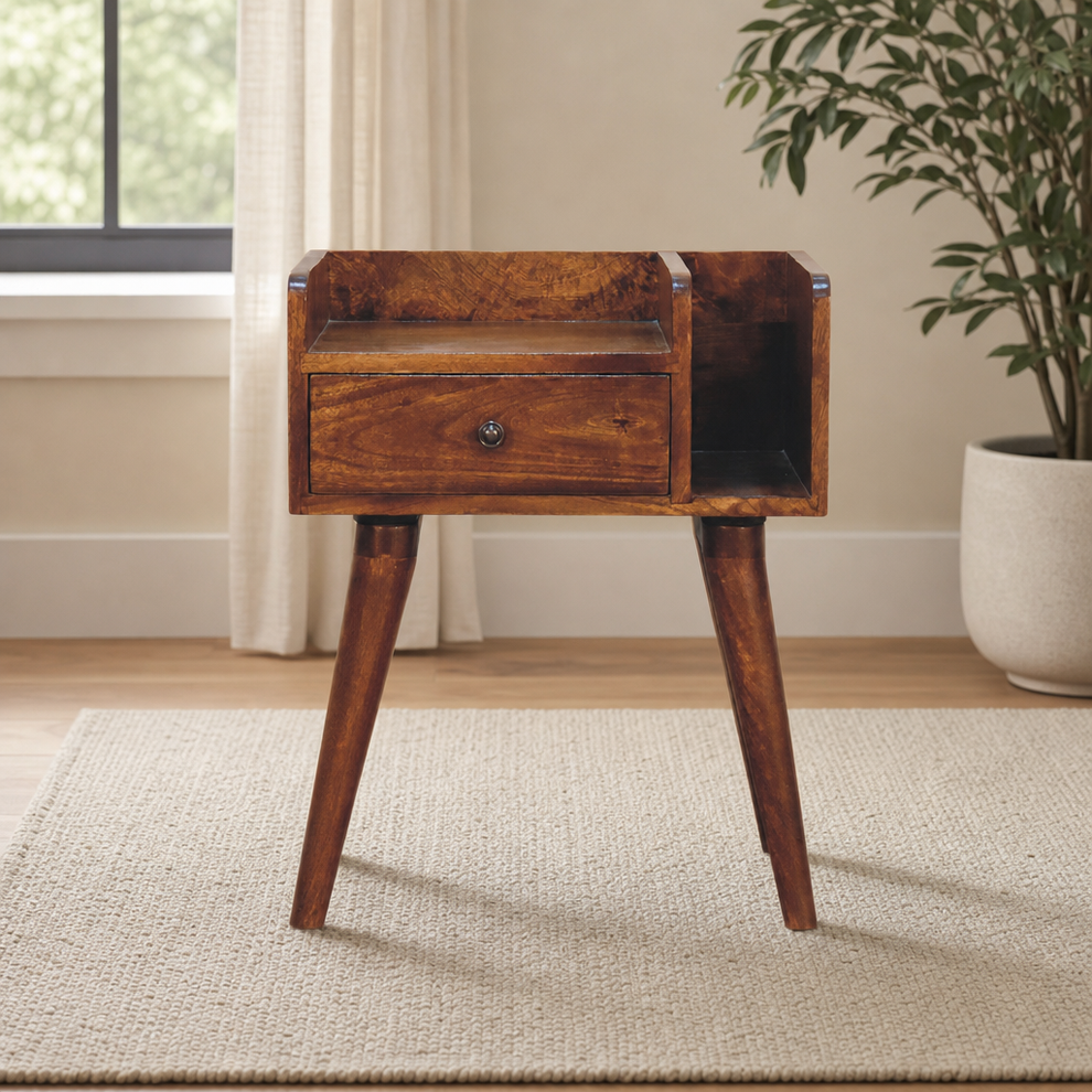 Nightstand with Drawer and Open Storage Slot centered in a warm neutral furnished room