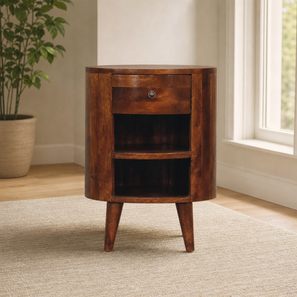 Chestnut Nightstand with Drawer and Open Shelves centered in a warm neutral furnished room