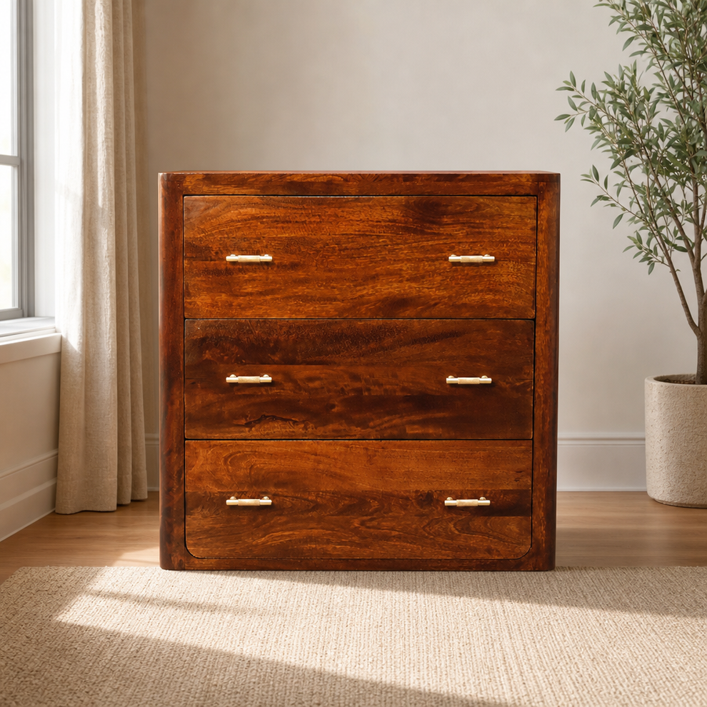 Luca Chest of Drawers centered in a warm neutral furnished room