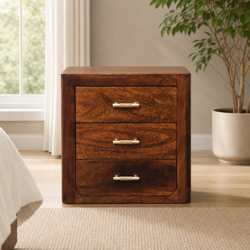 Nightstand with 3 Drawers in Solid Mango Wood, Chestnut Finish centered in a warm neutral furnished room