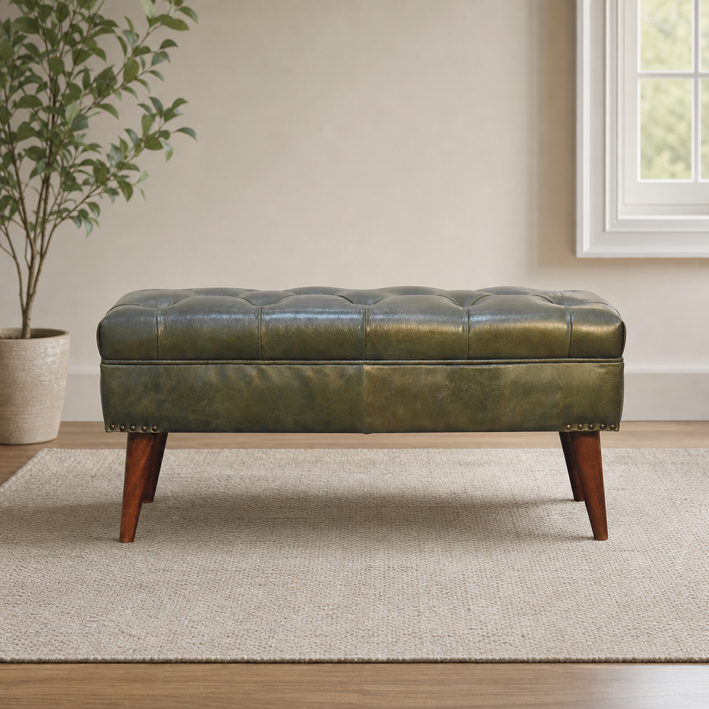 Harbour Green Bench centered in a warm neutral furnished room