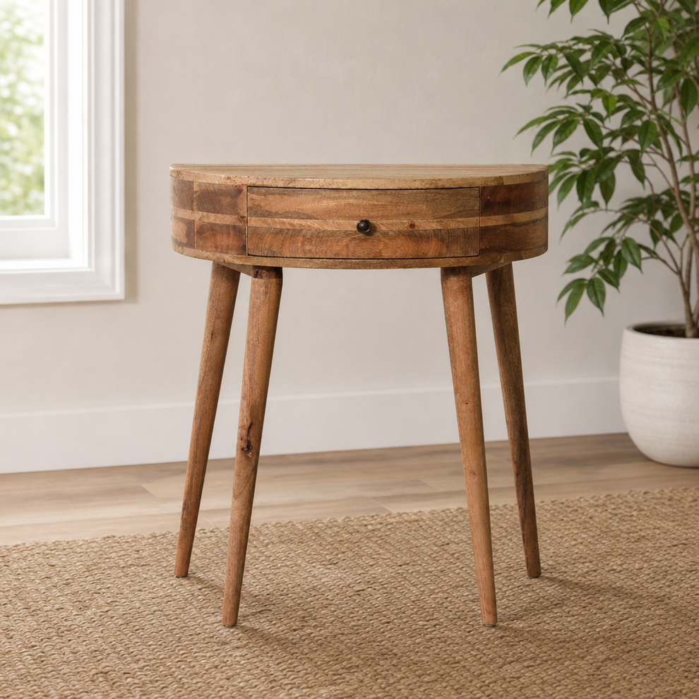 Console Table with Drawer in Oak-Ish Mango Wood centered in a warm neutral furnished room
