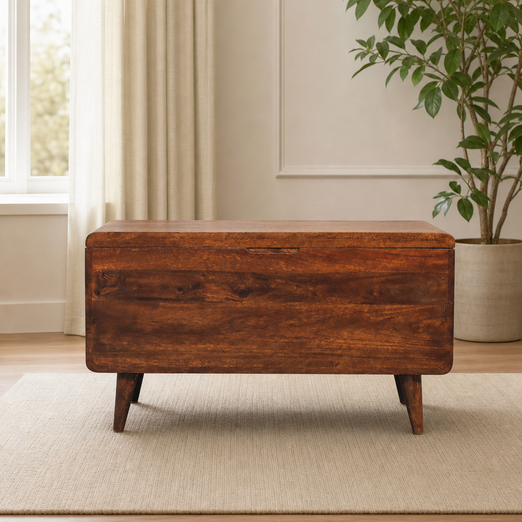 Curved Blanket Chest, Solid Mango Wood, Chestnut Finish centered in a warm neutral furnished room