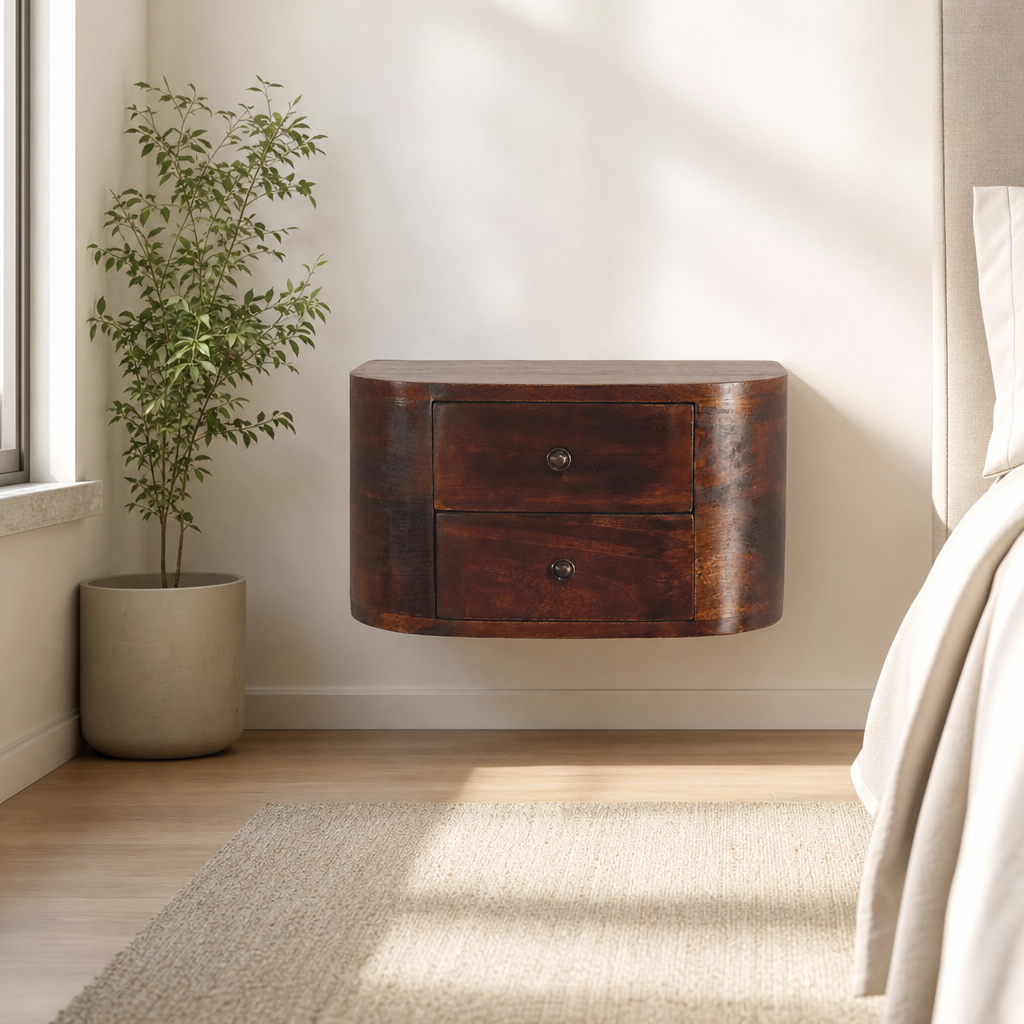 Floating Nightstand with 2 Drawers, Solid Mango Wood, Chestnut Finish centered in a warm neutral furnished room