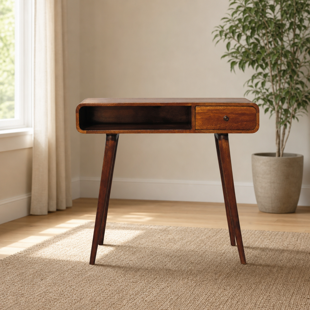 Writing Desk in Solid Mango Wood, Chestnut Finish centered in a warm neutral furnished room
