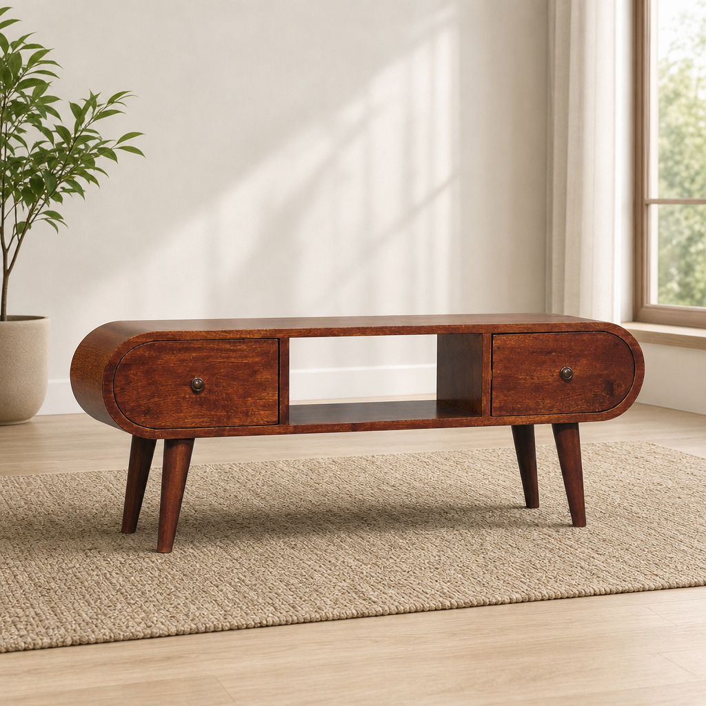 Chestnut Circular TV Unit centered in a warm neutral furnished room