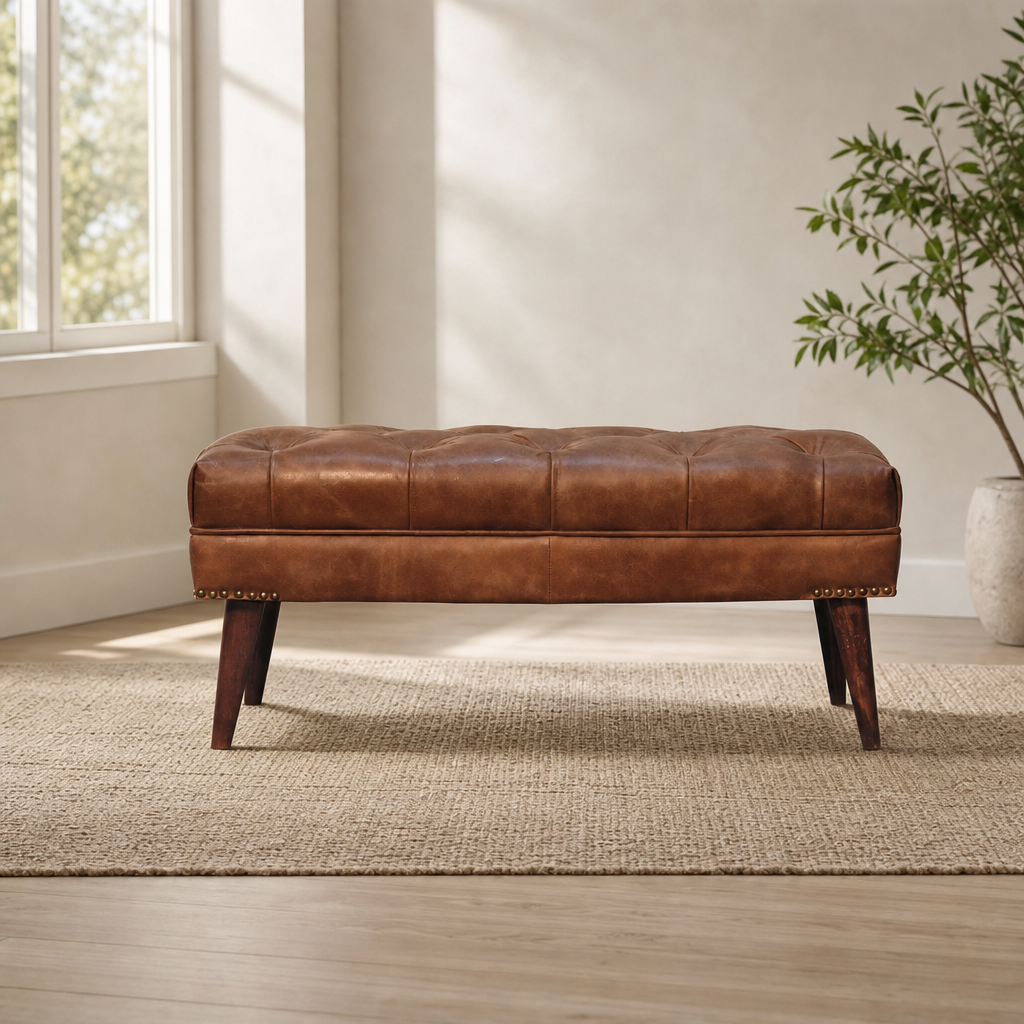 Harbour Brown Leather Bench centered in a warm neutral furnished room