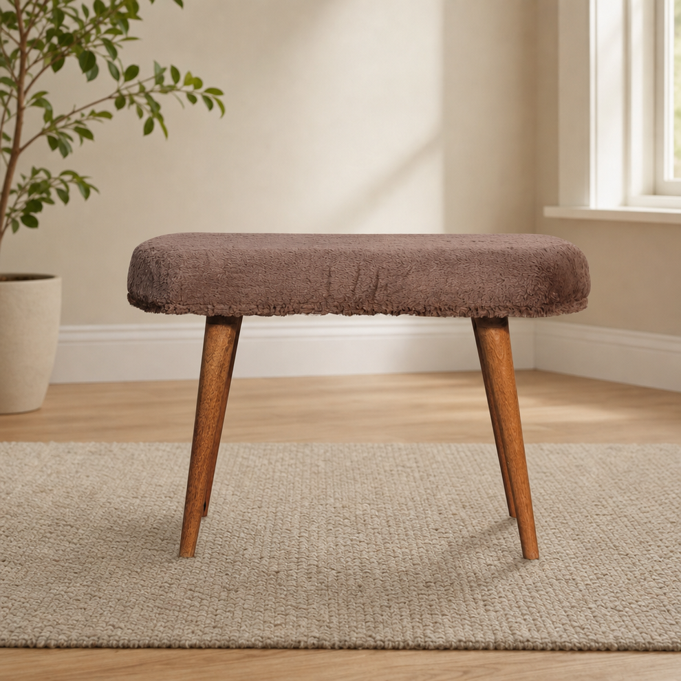 Mocha Faux Fur Fabric Bench centered in a warm neutral furnished room