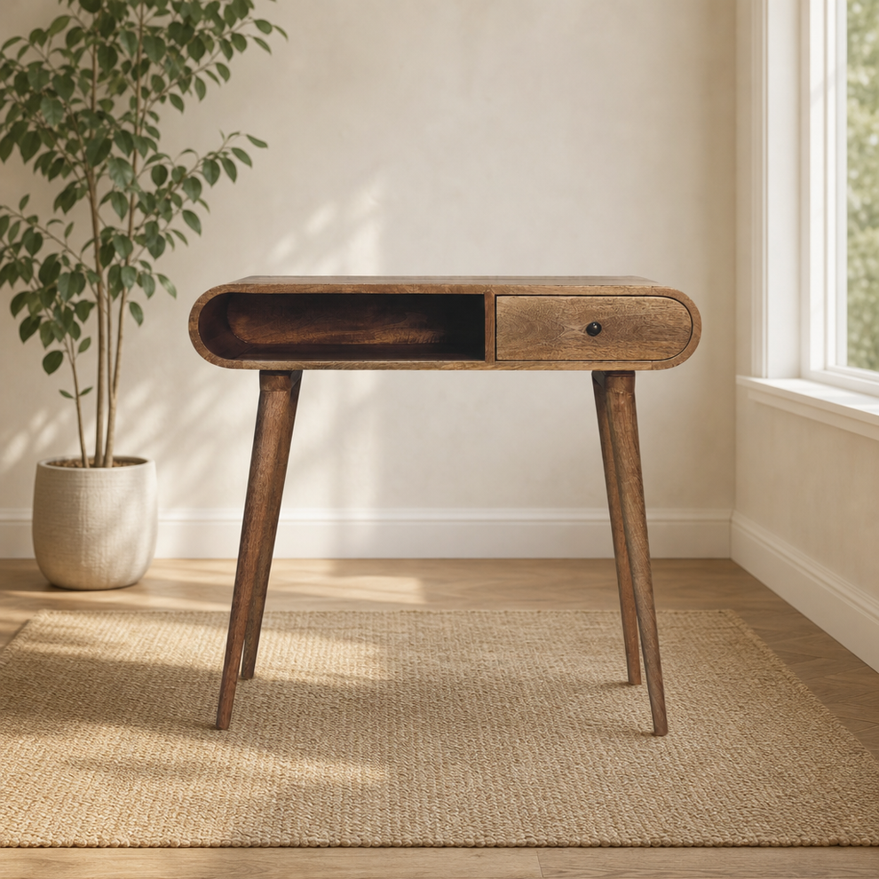 Writing Desk with Drawer and Open Slot centered in a warm neutral furnished room