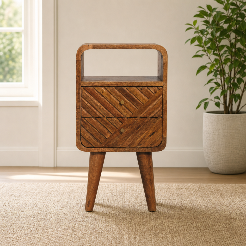 Curved Solid Mango Wood Nightstand with Open Shelf and Carved Drawers centered in a warm neutral furnished room
