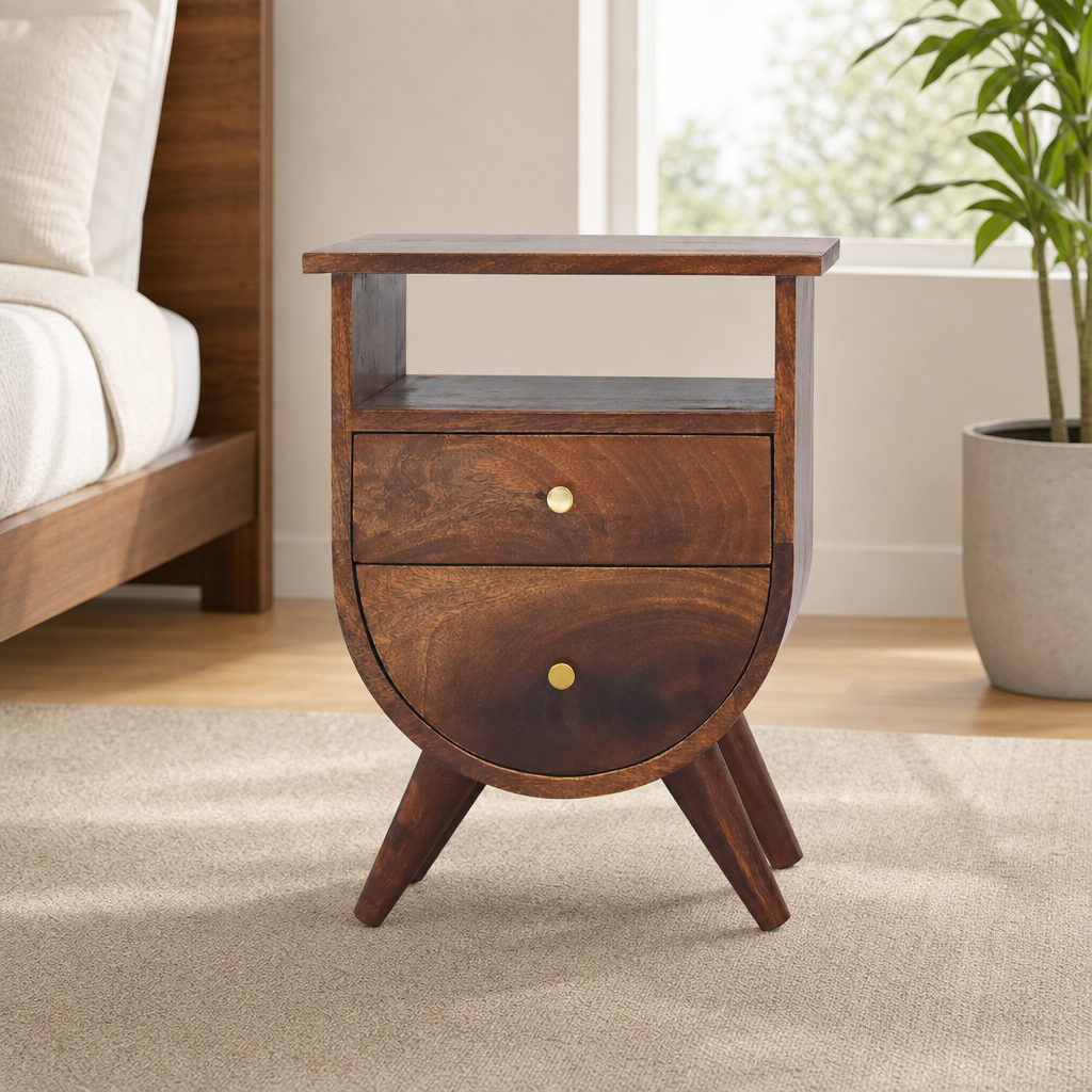 Split Chestnut Nightstand with Two Drawers and Open Slot centered in a warm neutral furnished room