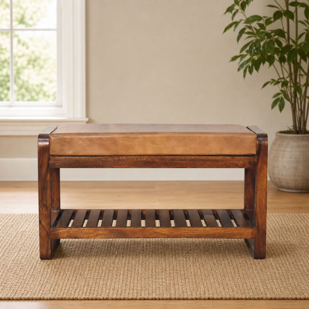 Hallway Bench with Buffalo Leather Seat and Slatted Shelf centered in a warm neutral furnished room