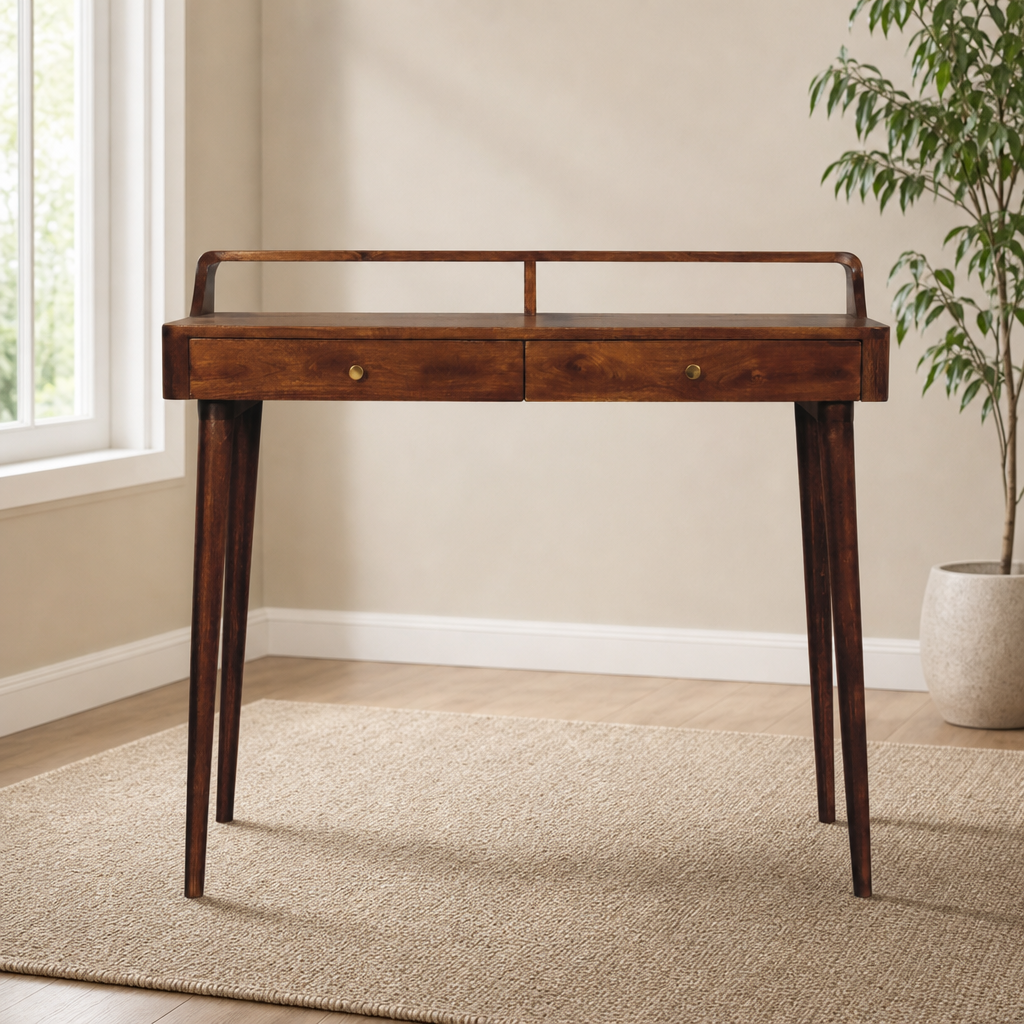 Chestnut Mango Wood Console Table with Raised Back and Two Drawers centered in a warm neutral furnished room