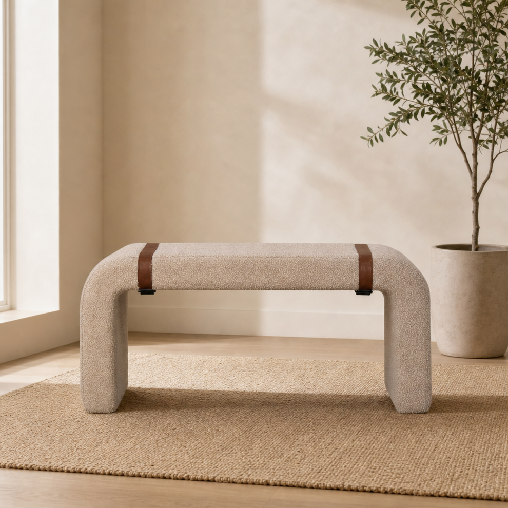 Boucle Leather Strap Bench centered in a warm neutral furnished room