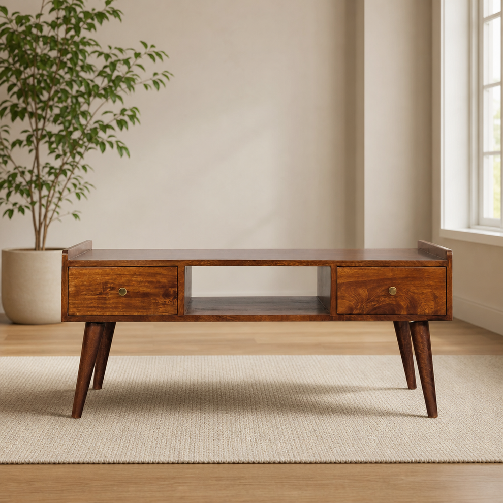 Coffee Table with Raised Edges, Two Drawers and Open Shelf centered in a warm neutral furnished room