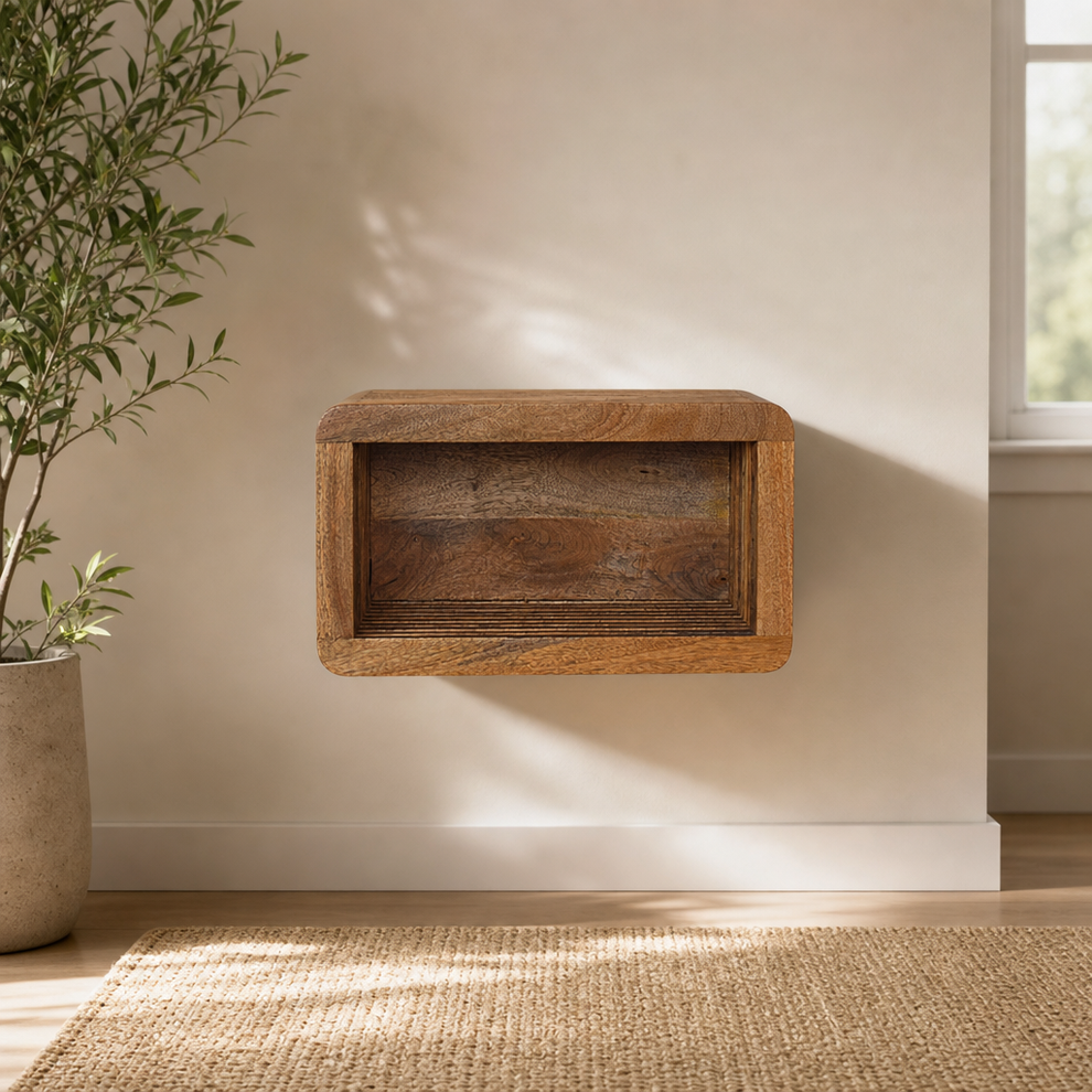 Soba Wall Mounted Bedside centered in a warm neutral furnished room