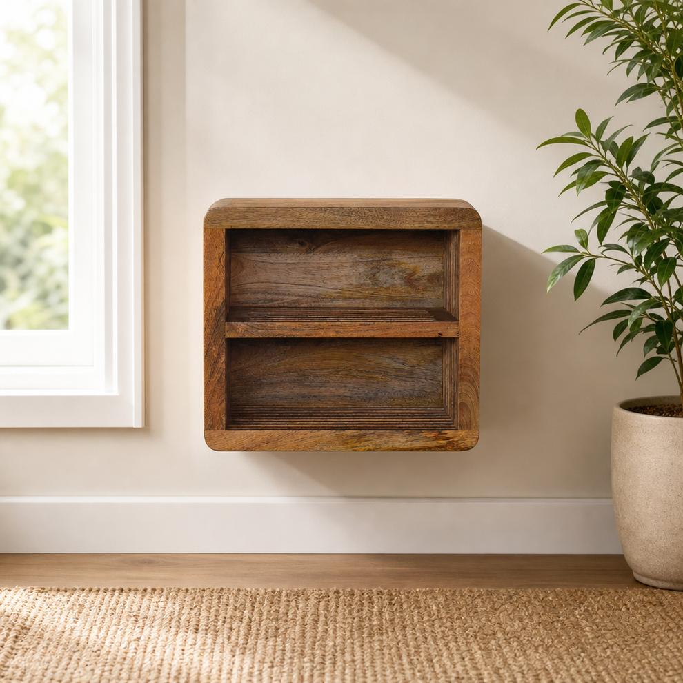 Soba Double Shelf Wall Mounted Bedside centered in a warm neutral furnished room