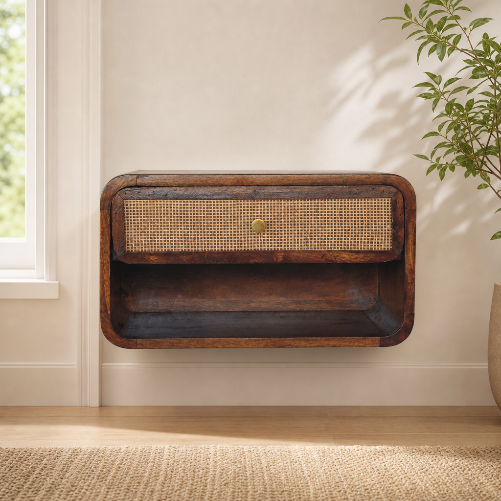 Chestnut Wall Mounted Open Woven Bedside centered in a warm neutral furnished room