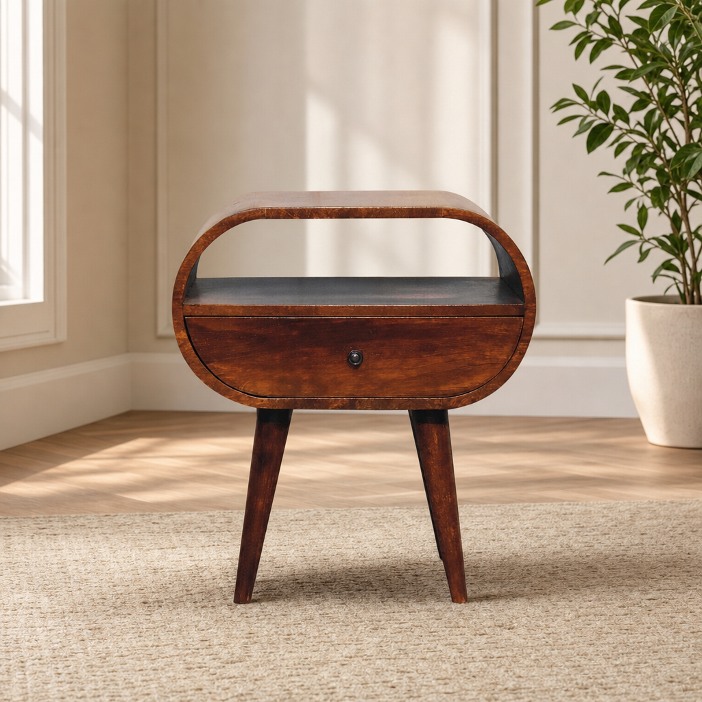 Large Chestnut Round Bedside Table centered in a warm neutral furnished room