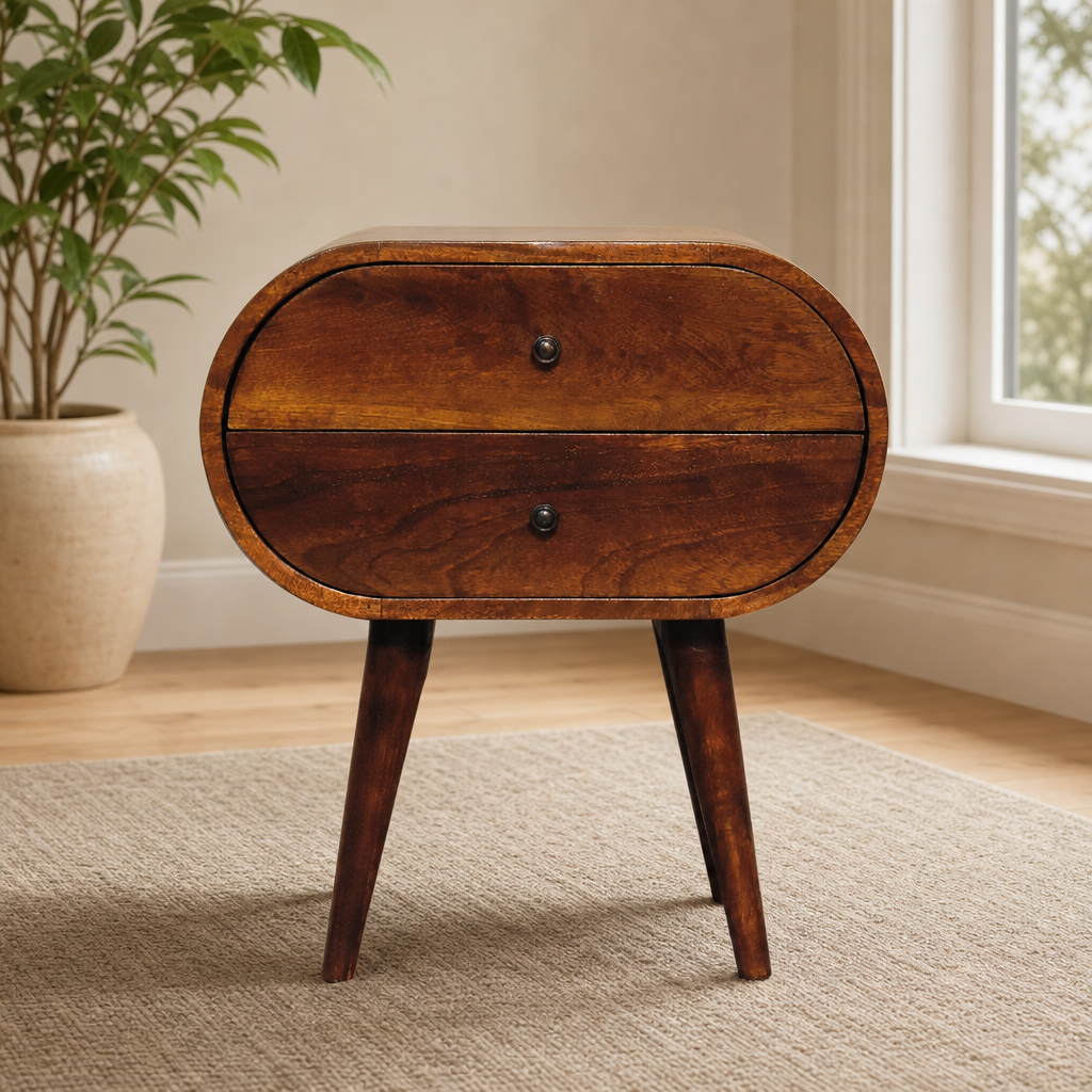 Large Chestnut Round Bedside Table centered in a warm neutral furnished room