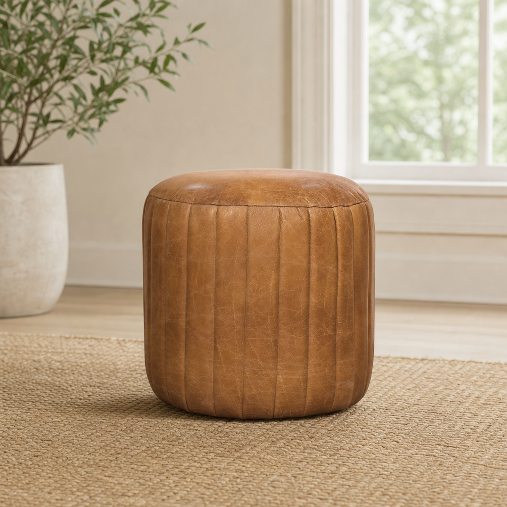 Buffalo Leather Footstool centered in a warm neutral furnished room
