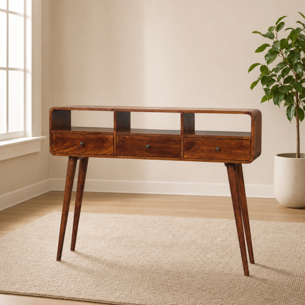 Console Table with 3 Drawers, Open Shelves and Chestnut Finish centered in a warm neutral furnished room
