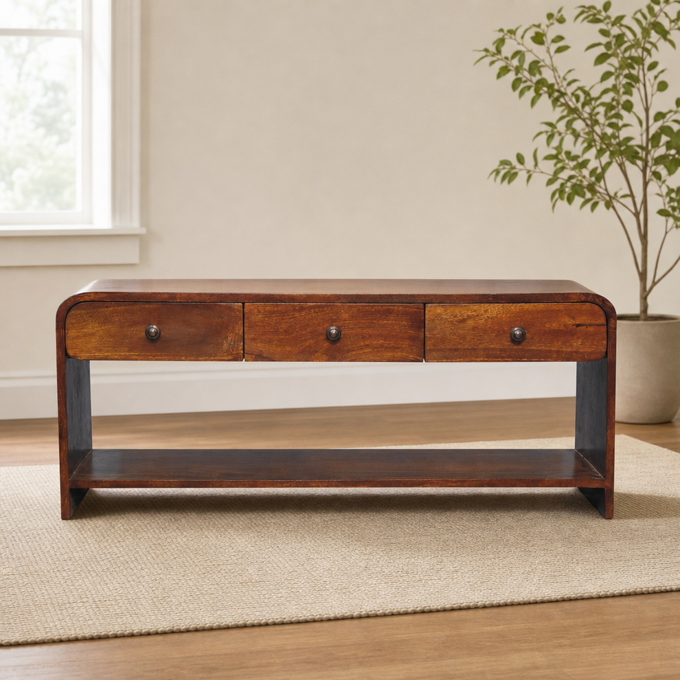 Arvessa Slim Media Unit centered in a warm neutral furnished room