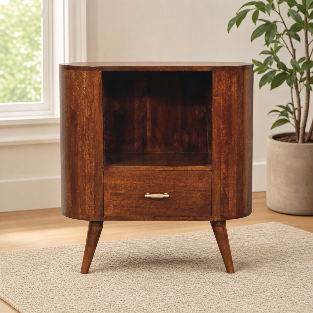 T-bar Cortez Chestnut Open Slot Cabinet centered in a warm neutral furnished room