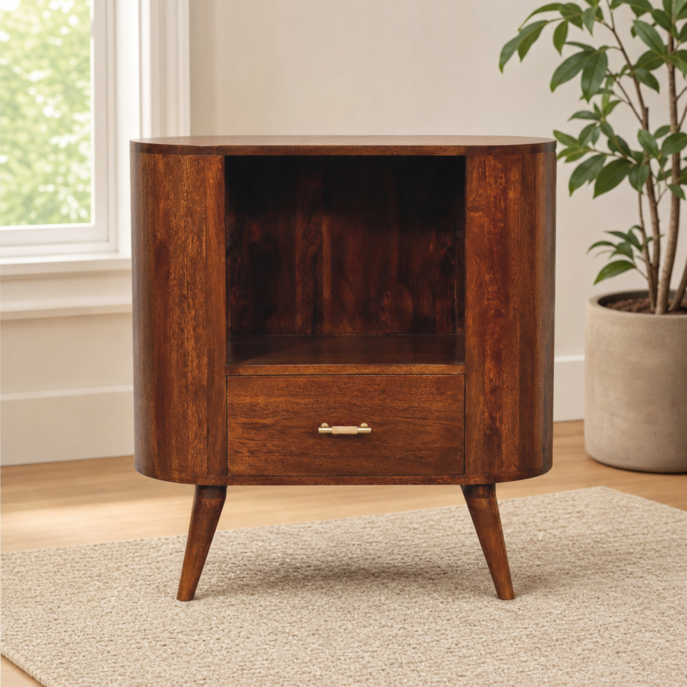 T-bar Cortez Chestnut Open Slot Cabinet centered in a warm neutral furnished room