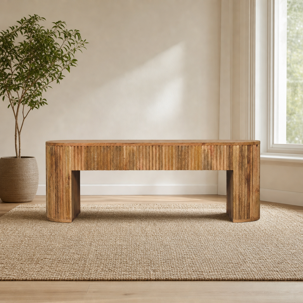 Soba Straight Media Unit centered in a warm neutral furnished room