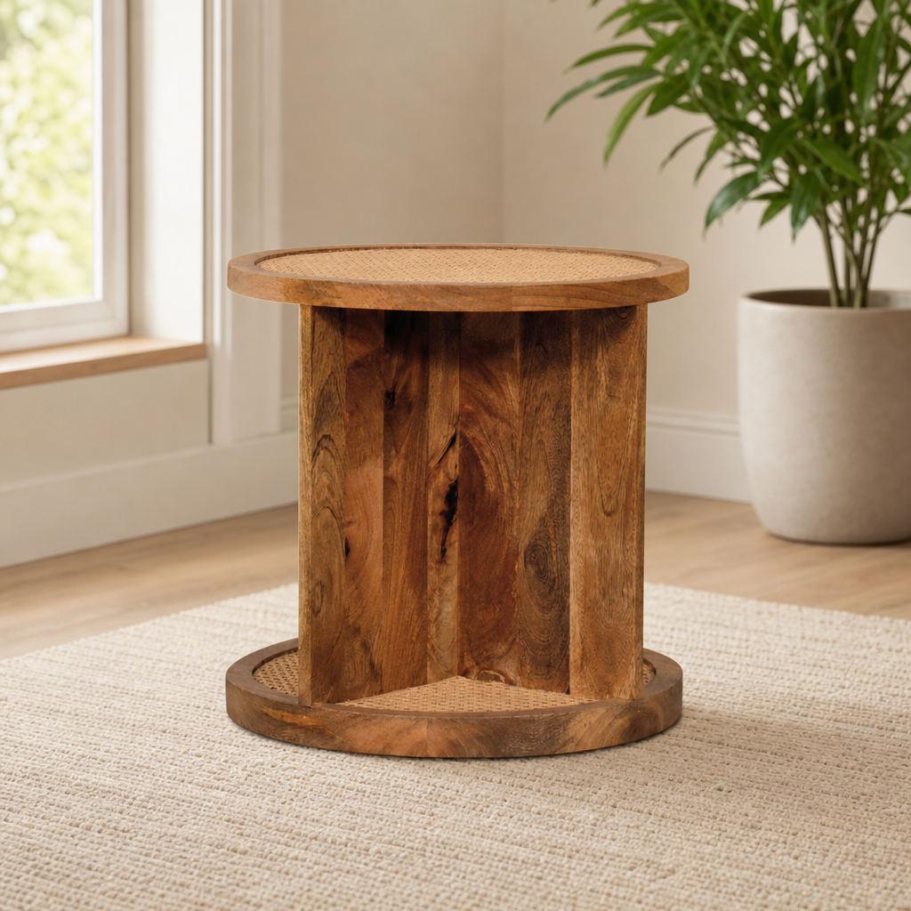 Close-Knit Mango Wood End Table centered in a warm neutral furnished room
