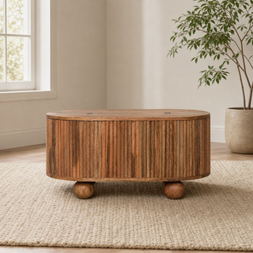 Coffee Table with Lid-Up Storage and Ball Feet centered in a warm neutral furnished room