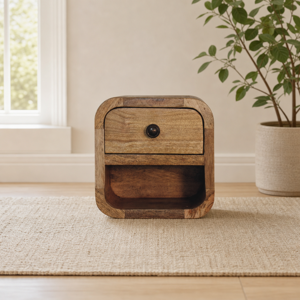 Extra Mini Curved Oak-ish Bedside with Open Slot centered in a warm neutral furnished room