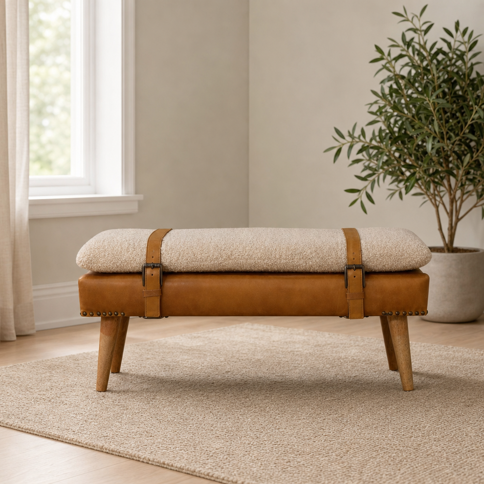 Handwoven Bouclé Bench with Leather Detail and Solid Wood Legs centered in a warm neutral furnished room