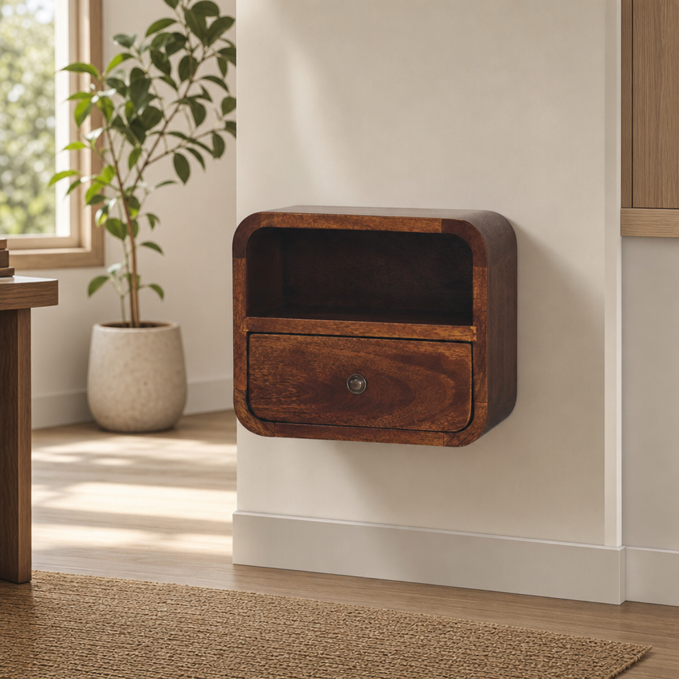 Extra Mini Curved Chestnut Wall-Mounted Bedside Table with Drawer and Open Shelf centered in a warm neutral furnished room