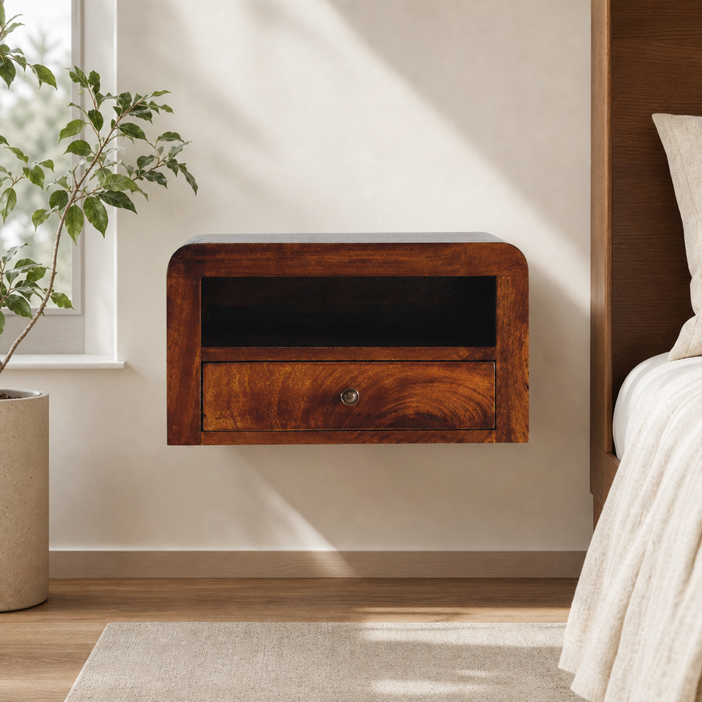 Chunky Chestnut Wall-Mounted Nightstand with Drawer and Open Shelf centered in a warm neutral furnished room