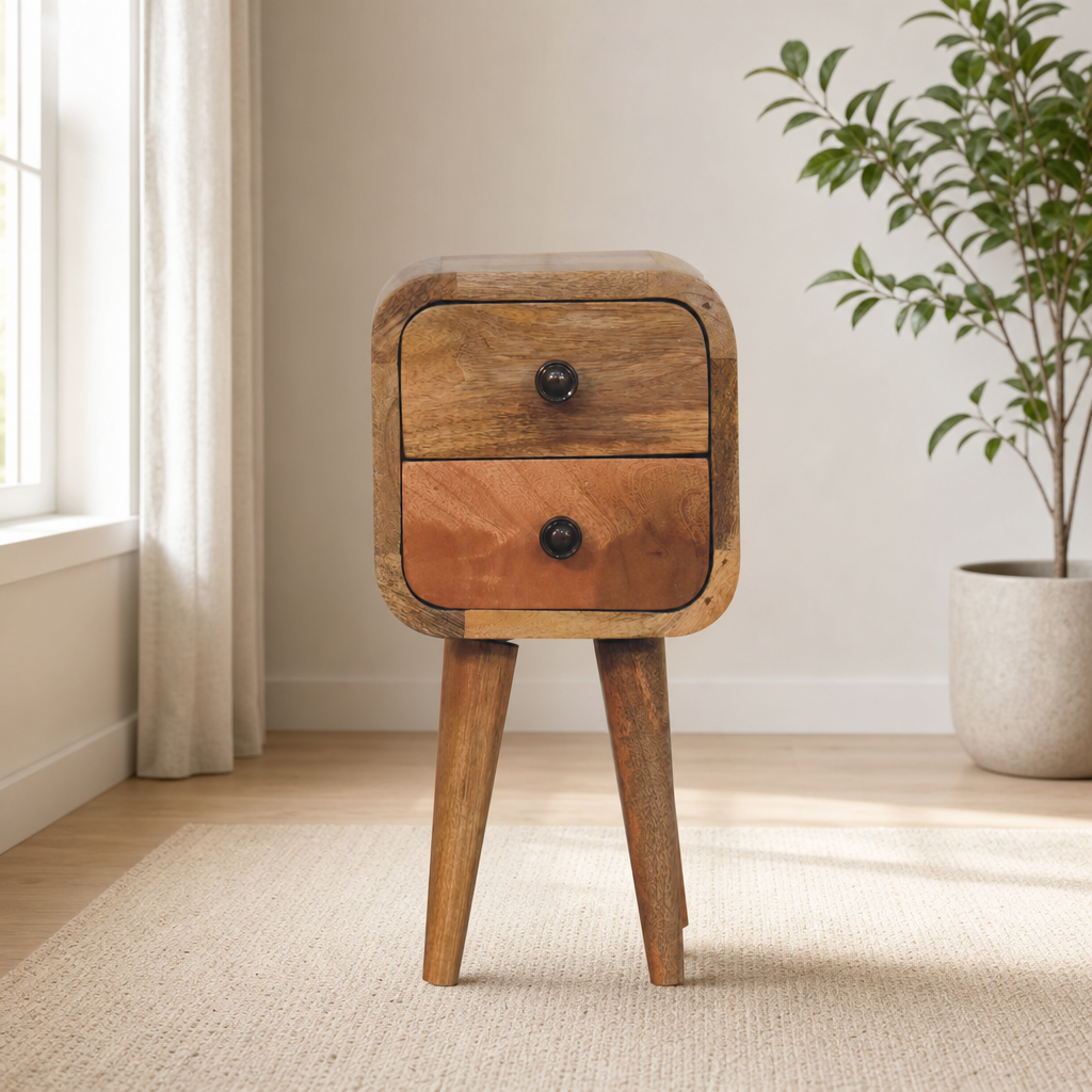 Extra Mini Curved Oak-ish Bedside centered in a warm neutral furnished room