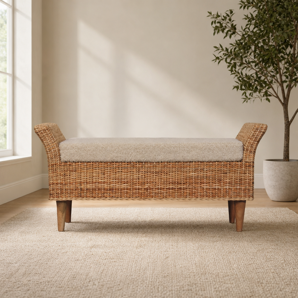 Riviera Woven Bench centered in a warm neutral furnished room