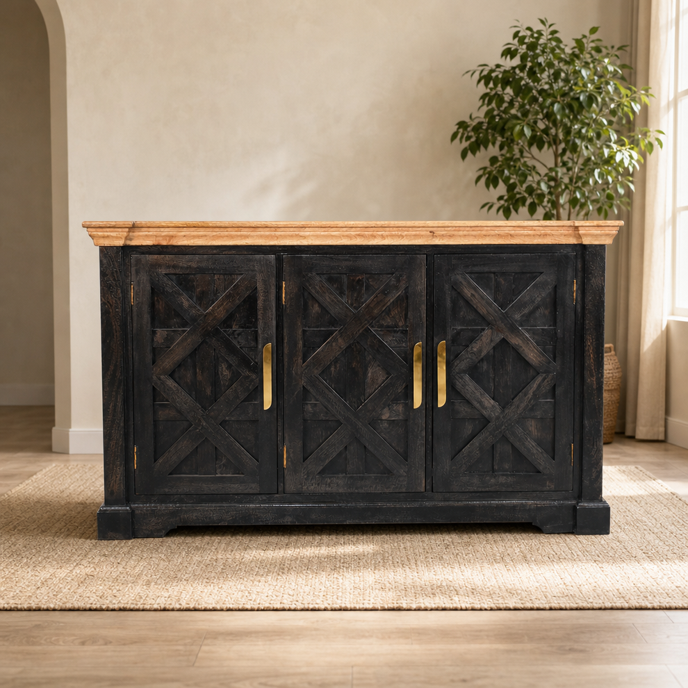 Ash Black Rustic Sideboard with Natural-Toned Solid Mango Wood Top centered in a warm neutral furnished room