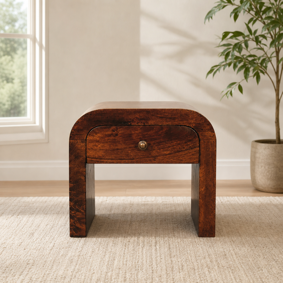 California Walnut Disc Bedside centered in a warm neutral furnished room