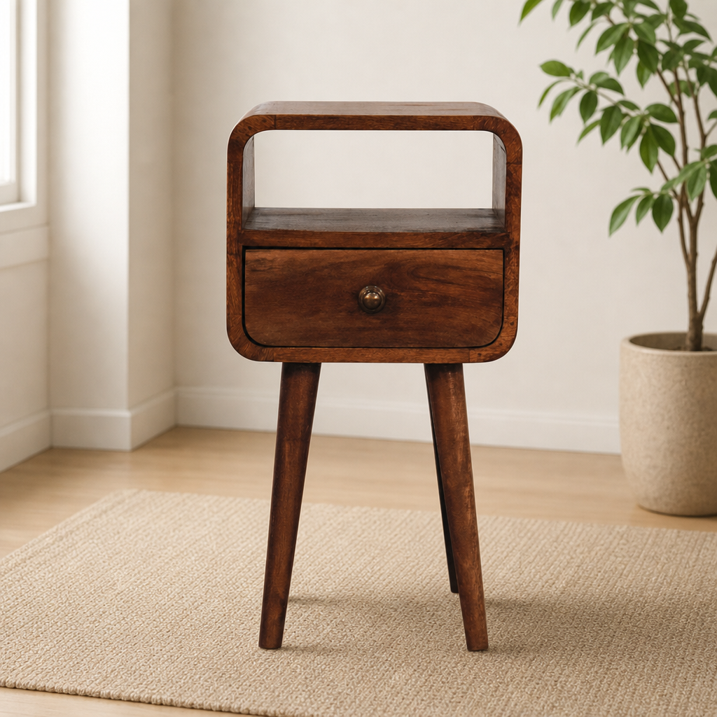 Mini Curved Bedside Table with Open Slot centered in a warm neutral furnished room