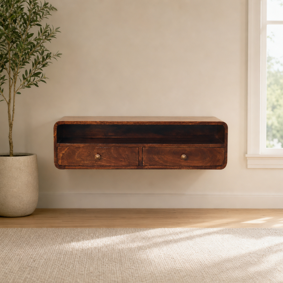 Floating California Walnut Open Console centered in a warm neutral furnished room